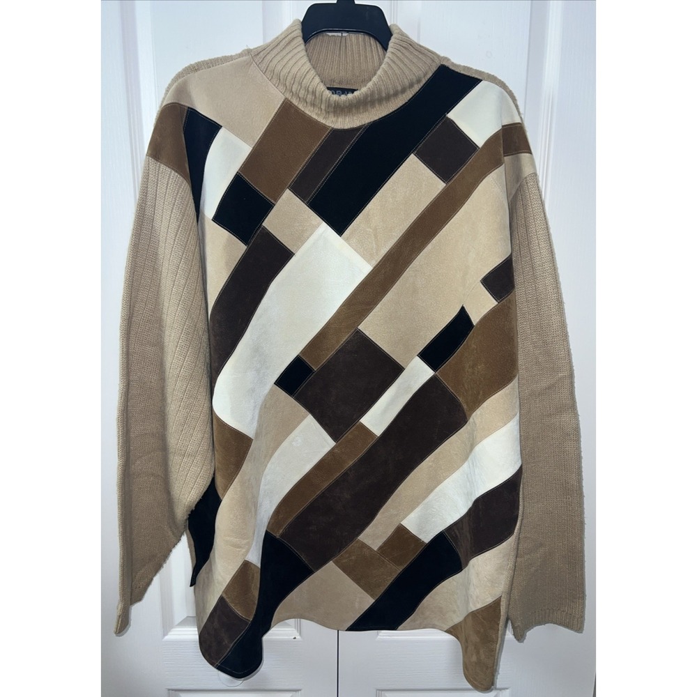Vintage KOMAN Sport Outerwear Leather Panel Chunky Knit Sweater Siz XXXL Tan E16